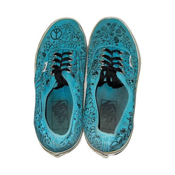 Vans Aqua Blue Graffiti Skull Bat Yin and Yang Smiley Face Sneakers M 6 W 7.5 - Picture 8 of 10